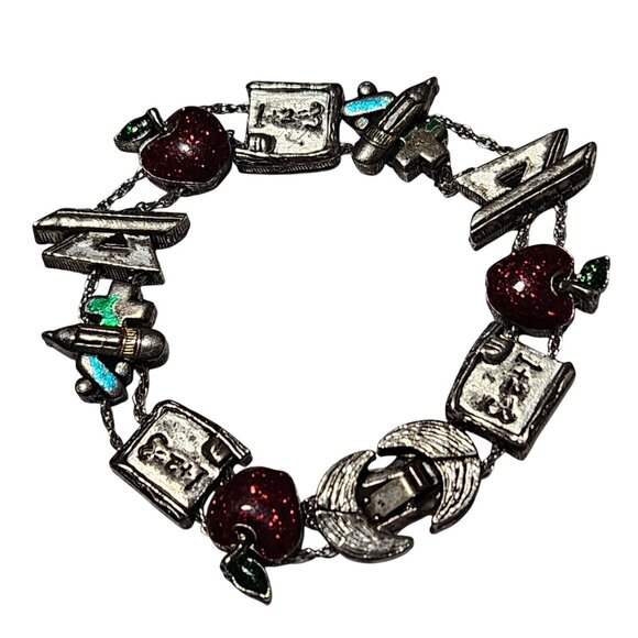 Vintage Teacher Themed Charm Bracelet Red Glitter Apples Books School Supplies - Picture 1 of 4